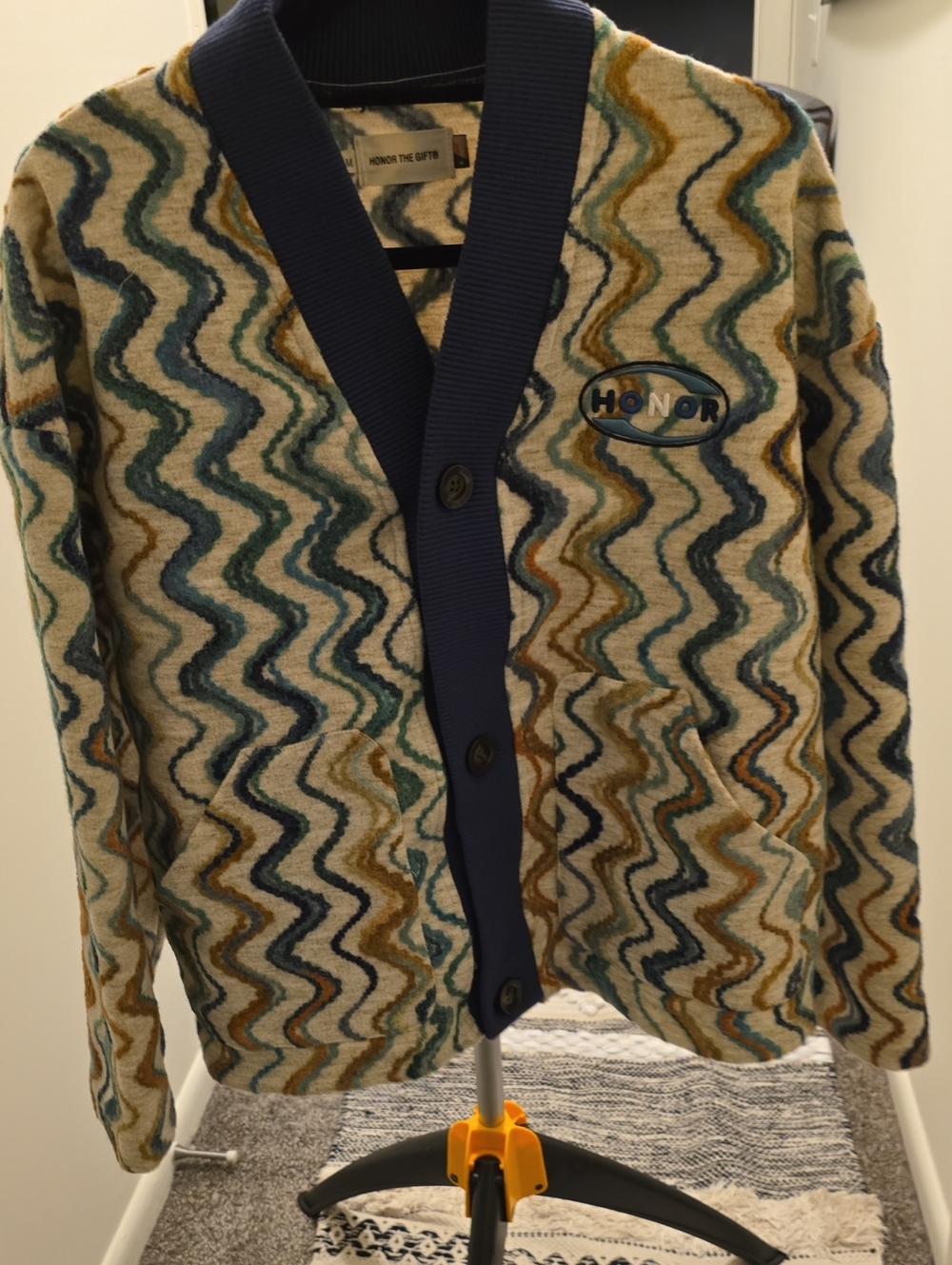 NWOT Honor The Gift Cream Wave Knit Cardigan with Navy Trim